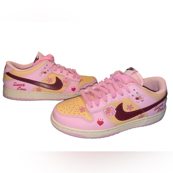 CUSTOM NIKE Pink and Yellow Floral 'Sweet Love' Dunk Low Sneakers